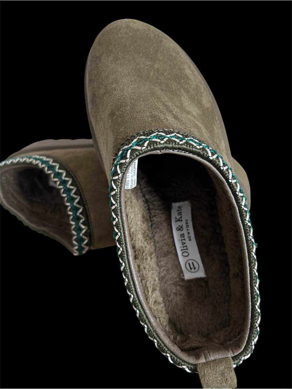 Olivia & Kate Women's Olive Suede Slip-On Slippers - Picture 1 of 4